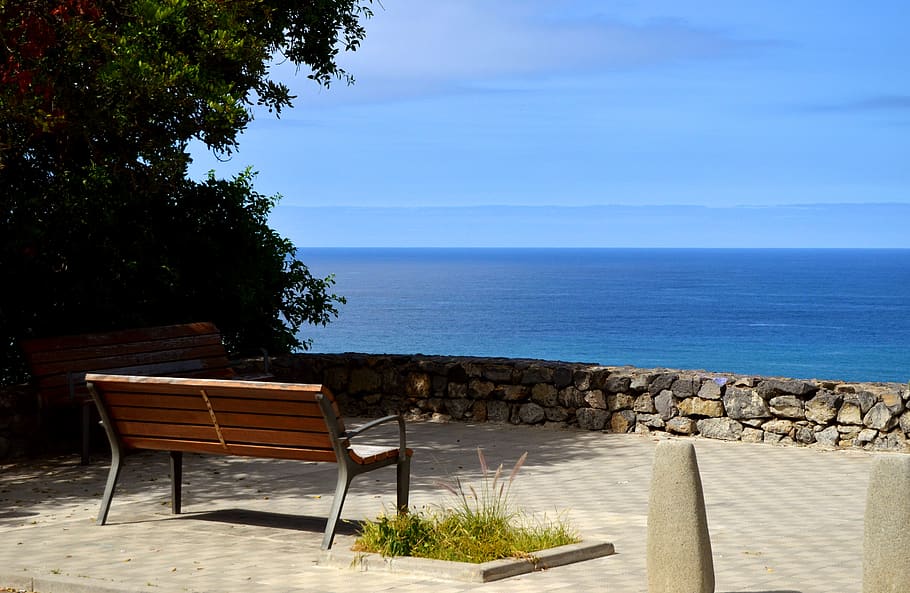 sea, bench, panoramic, summer, water, sky, seat, horizon over water HD wallpaper