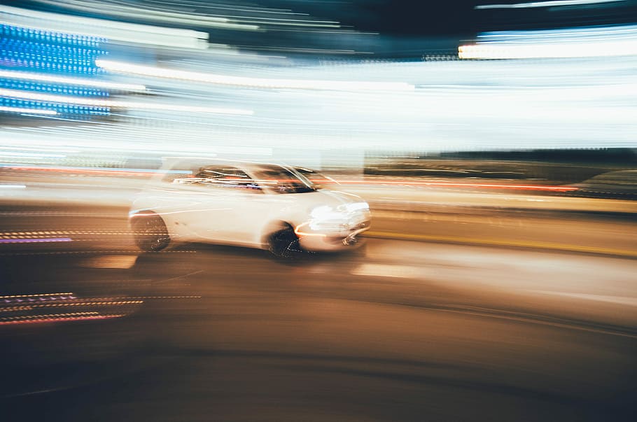 white vehicle, white 3-door hatchback on road, car, blurry, fiat 500 HD wallpaper