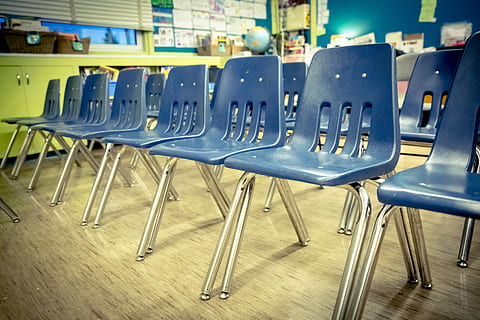 blue plastic armless chairs, school, classroom, education, group HD wallpaper