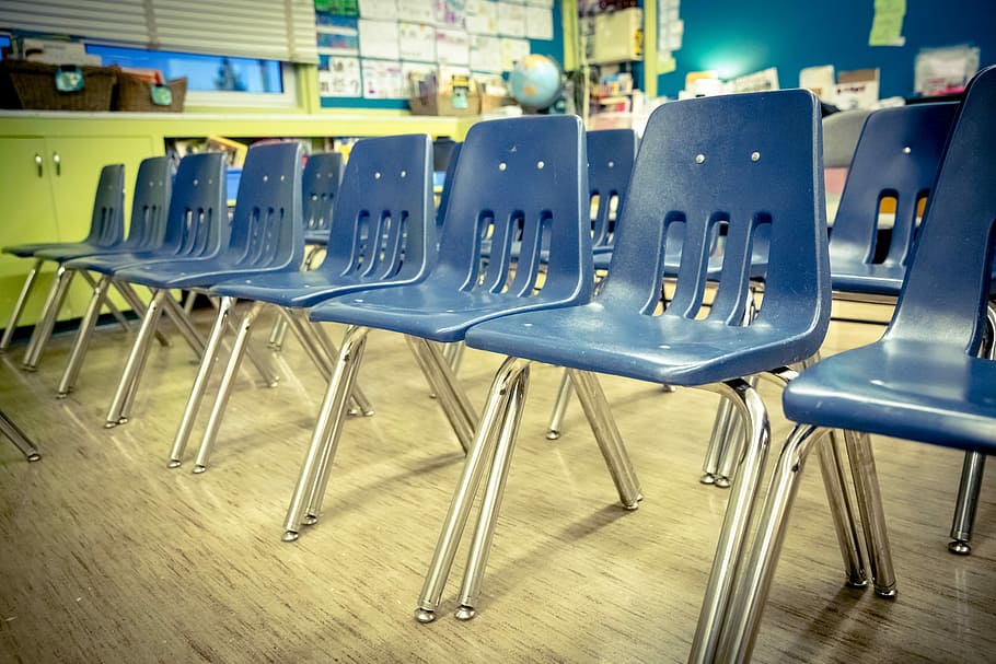 blue plastic armless chairs, school, classroom, education, group HD wallpaper