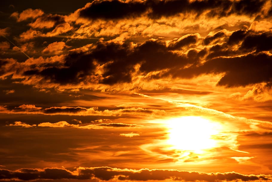 silhouette photography of clouds, sunset, setting sun, evening sky HD wallpaper