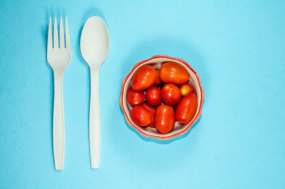 Cherry Tomatoes, blue background, red cherry tomatoes, spoon and fork HD wallpaper