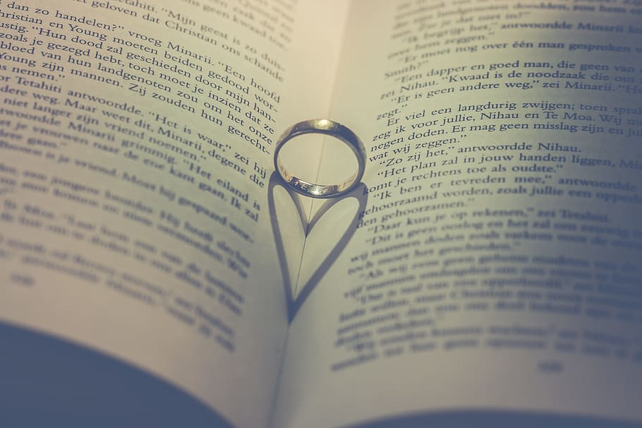 silver-colored band between book, paper, page, ring, romantic HD wallpaper