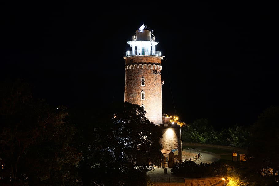 Lighthouse, Kołobrzeg, At Night, baltic sea, poland, kolobrzeg, HD wallpaper