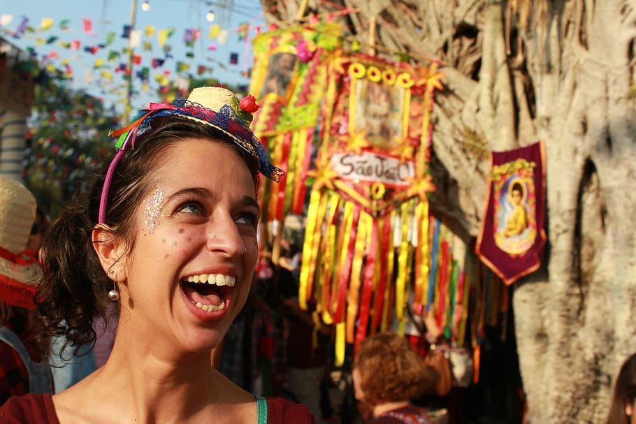 laughing woman at daytime selective focus photography, festa junina, HD wallpaper