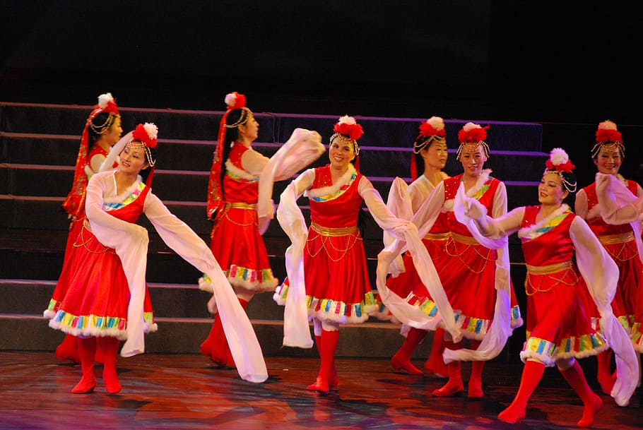 group of woman dancing on floor, Dancers, Tibetan, Stage, performance HD wallpaper