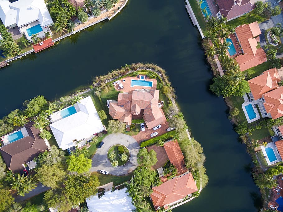 aerial view of village, Home, House, South Florida, miami, water, HD wallpaper