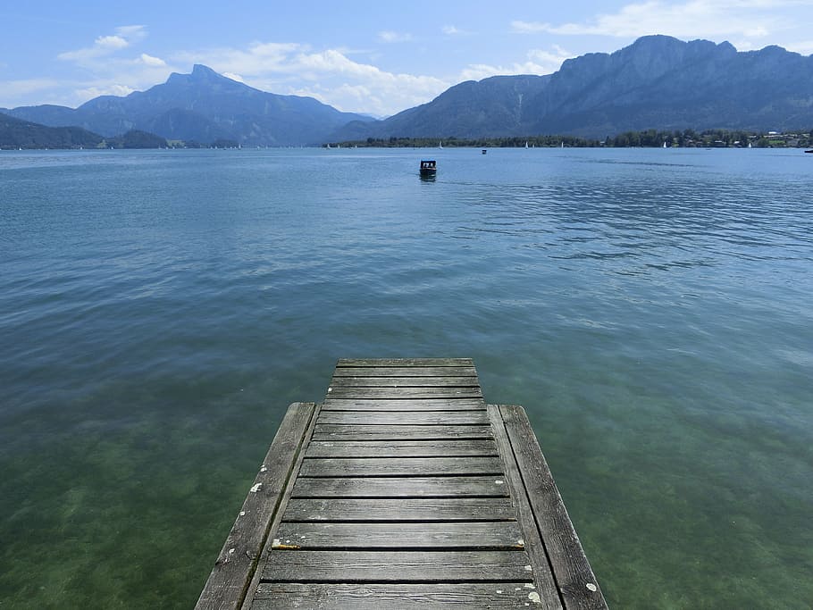 gray wooden dock, mondsee, web, lake, water, mountains, boot HD wallpaper