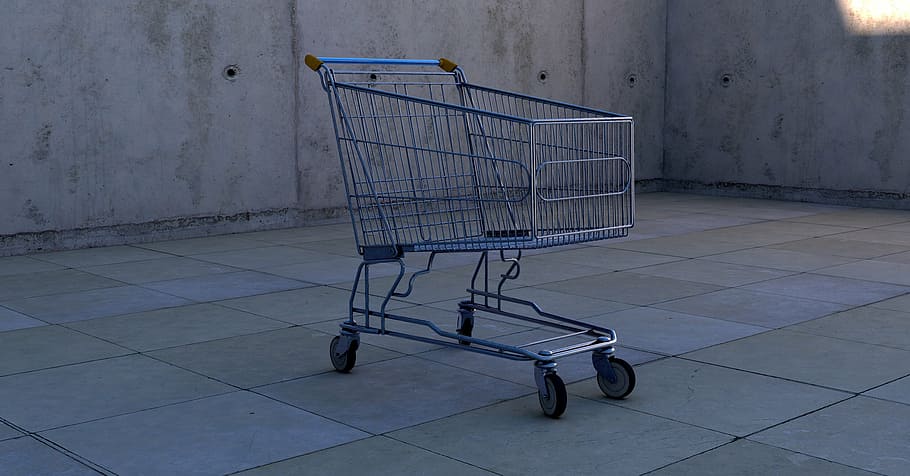 gray shopping cart on gray tile floor, dolly cart, contour, metallic, HD wallpaper