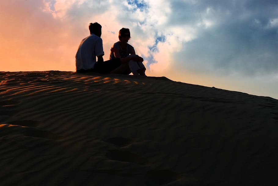 sunset, silhouette, sky, desert, dusk, shadow, human, evening HD wallpaper