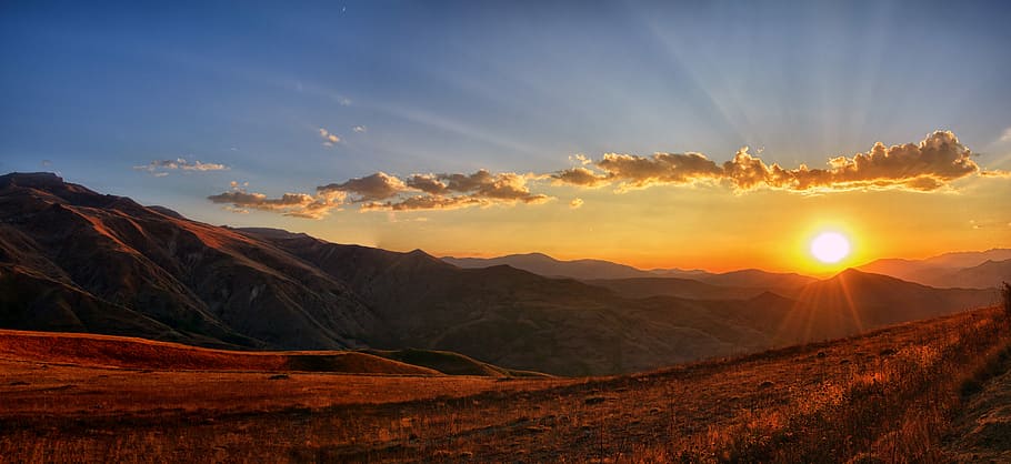landscape photo of mountains during daytime, panoramic, sunset HD wallpaper