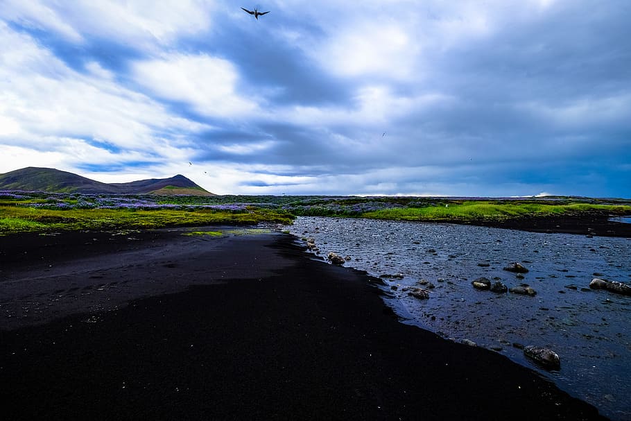 mountains, nature, sky, bird, clouds, environment, idyllic, river HD wallpaper