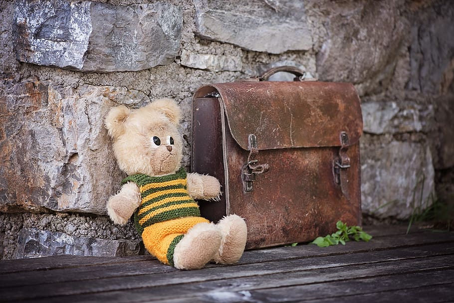 bear plush toy beside brown leather handbag, teddy, teddy bear, HD wallpaper