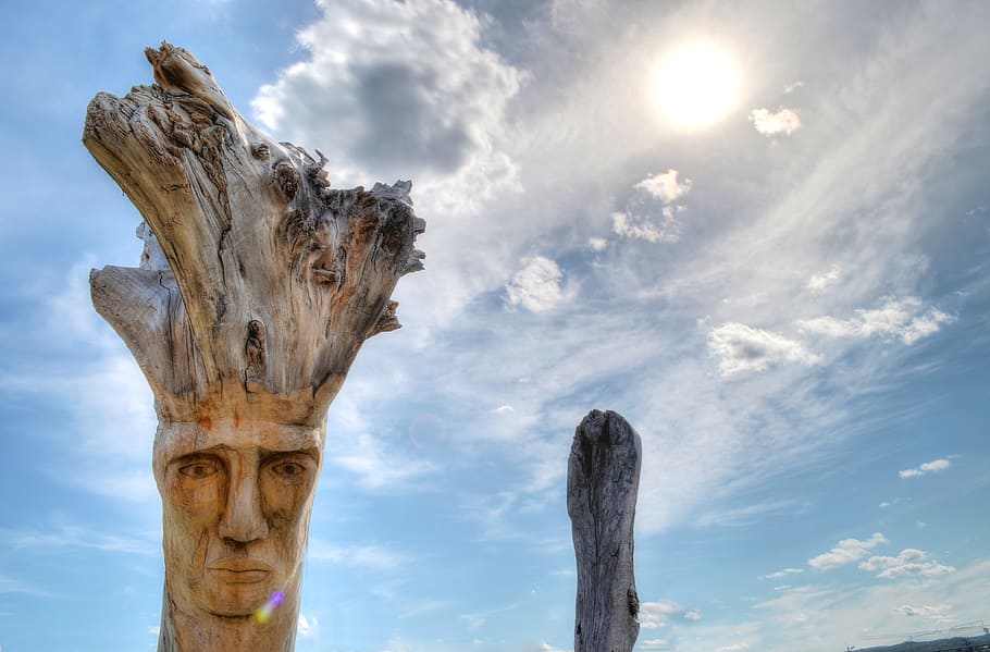 sculpture, sky, sun, statue, blue, man, chief, wood, cloud - sky HD wallpaper