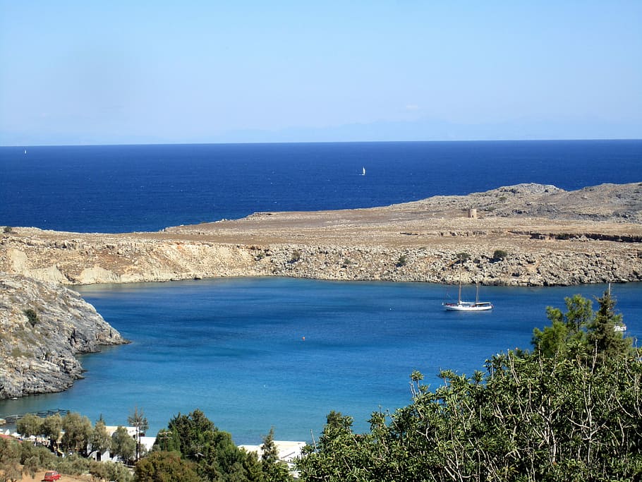 Rodos, Greece, Lindos, sea, beach, water, horizon over water HD wallpaper