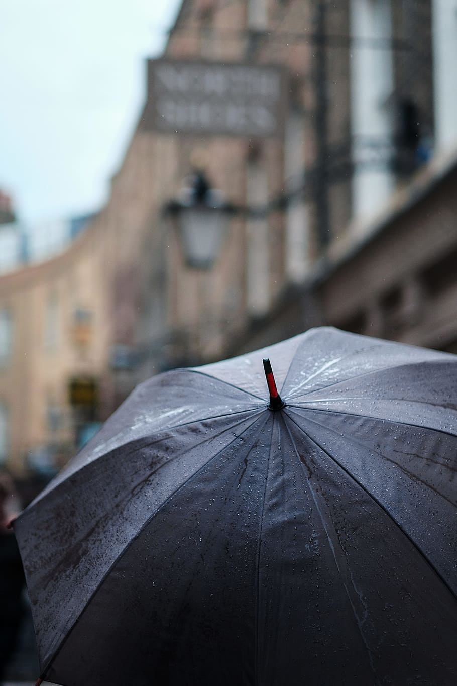 gray umbrella, person holding black umbrella near brown concrete building during daytime HD wallpaper