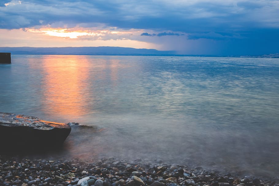 Sea Beach Sunset Stones, nature, water, sky, coastline, cloud - Sky HD wallpaper