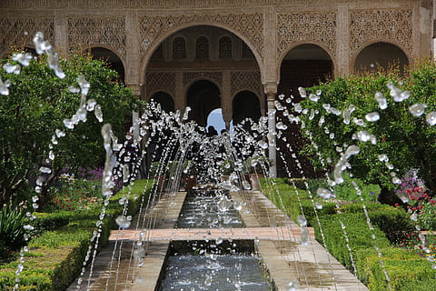 water fountain near building, alhambra, source, andalusia, granada HD wallpaper