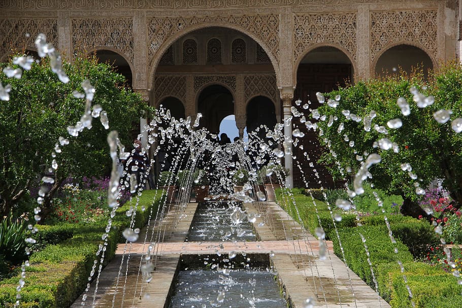 water fountain near building, alhambra, source, andalusia, granada HD wallpaper