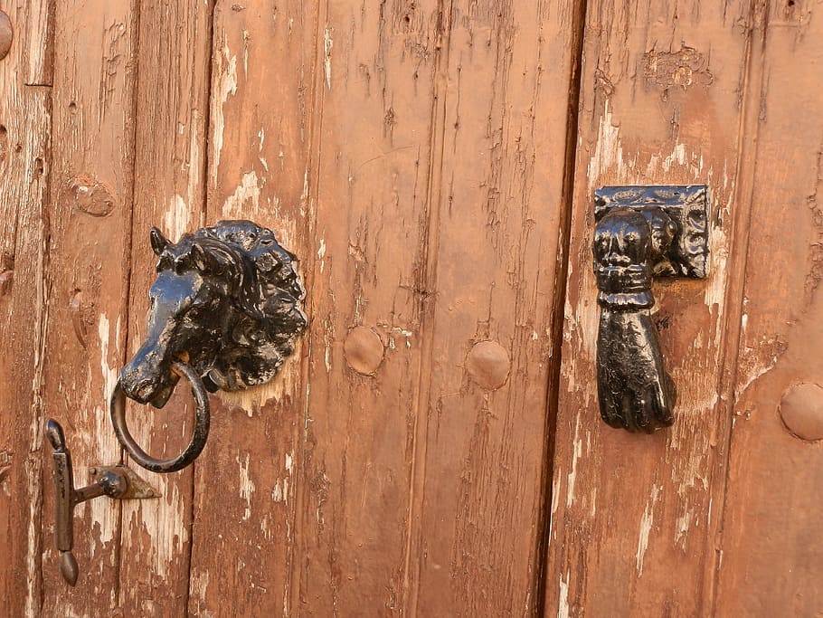 Door, Caller, Iron, wood - material, close-up, wood grain, backgrounds HD wallpaper