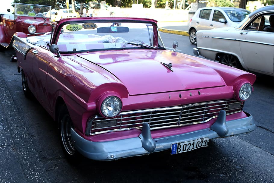 purple Ford convertible coupe parked on road, Cuba, Car, Pink HD wallpaper