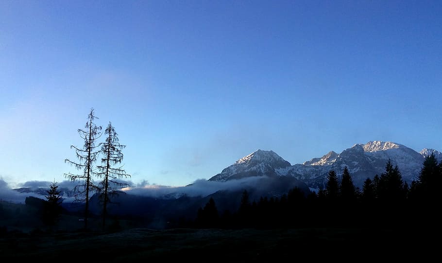 Sunrise, Sunset, Sunset, Mountains, Trees, blue, black, surface HD wallpaper