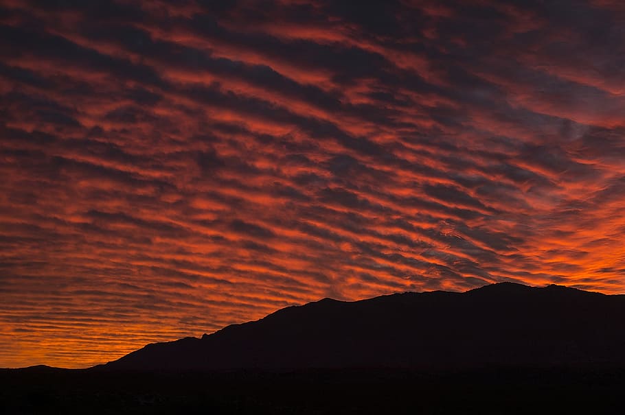 sunrise, landscape, sky, clouds, colorful, silhouette, hills HD wallpaper