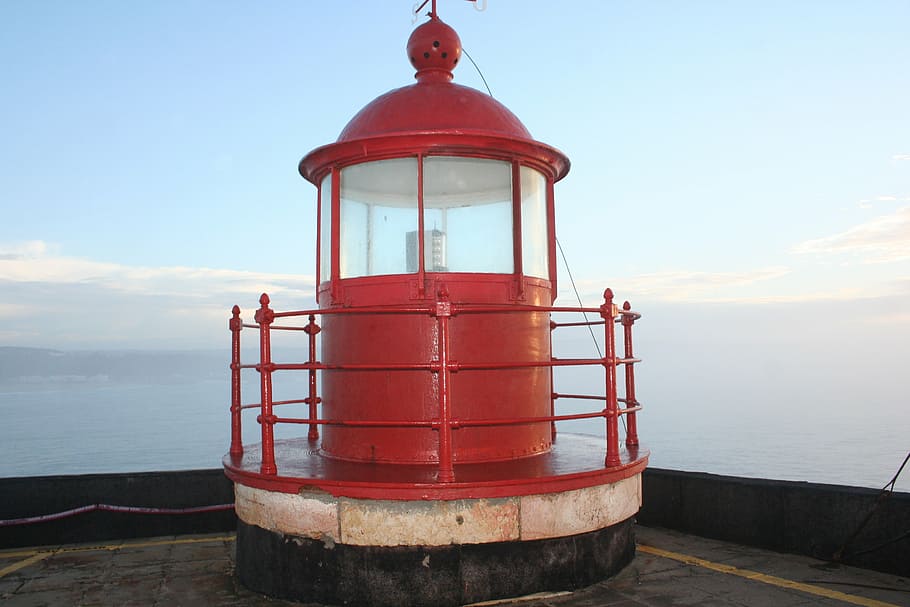 nazareth, lighthouse, macnamara, red, water, sea, sky, nature HD wallpaper