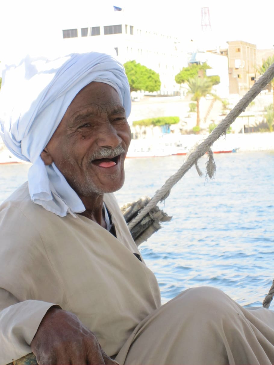 nubians, egypt, nile, felucca, old, man, face, toothless, smiling
