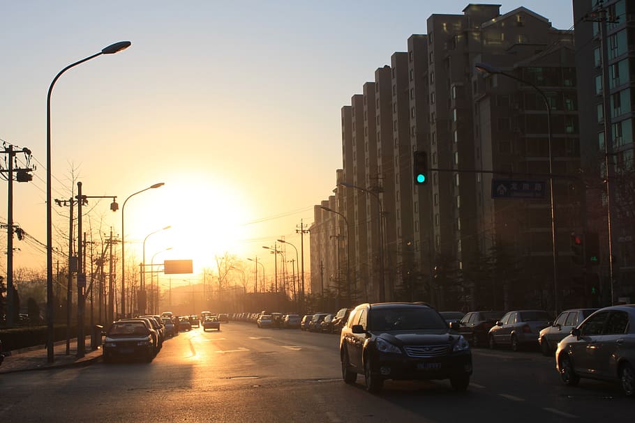 the morning sun, early in the morning, city, street, road, traffic, HD wallpaper
