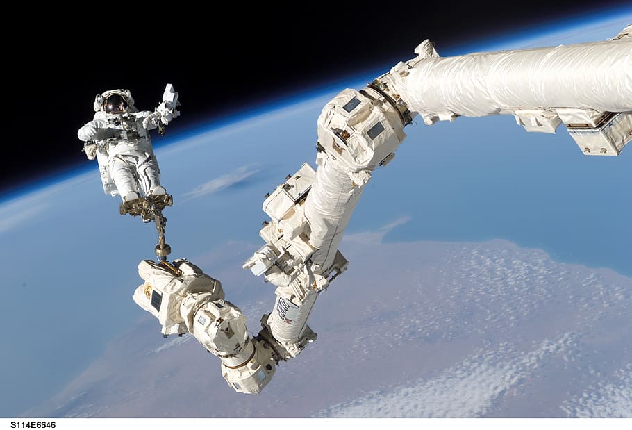astronaut, spacewalk, iss, arm, tools, suit, pack, tether, floating