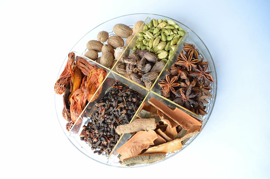 assorted spices on glass plate, bowl, cardamon, food, ingredients