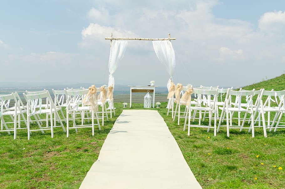 sky, clouds, grass, chairs, cloth, curtain, decoration, wedding HD wallpaper