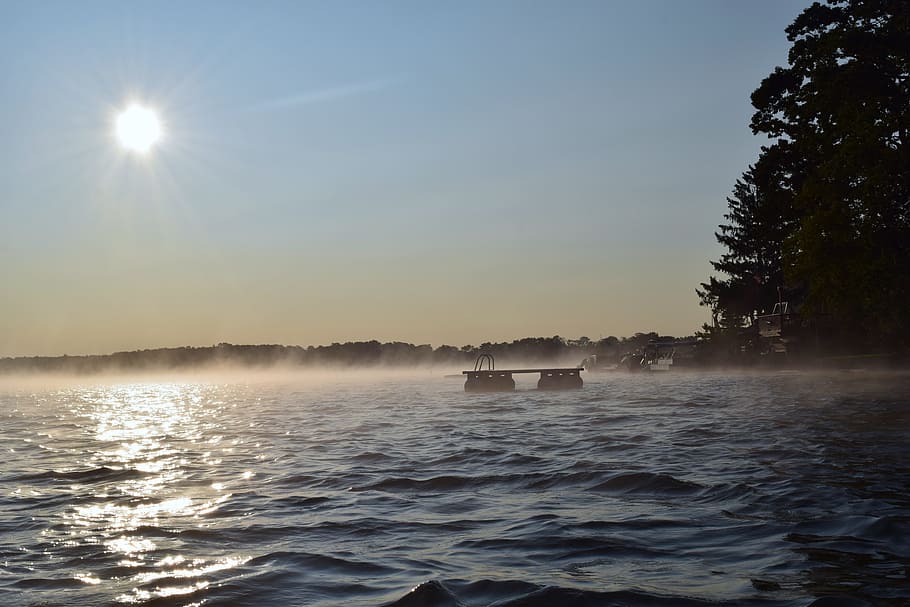 sunrise, lake, mist, dock, water, landscape, nature, sky, summer HD wallpaper