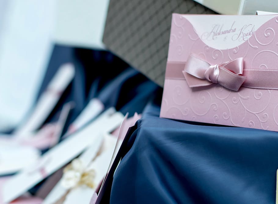 pink envelope, blue, wedding, card, invitation, gift, celebration HD wallpaper