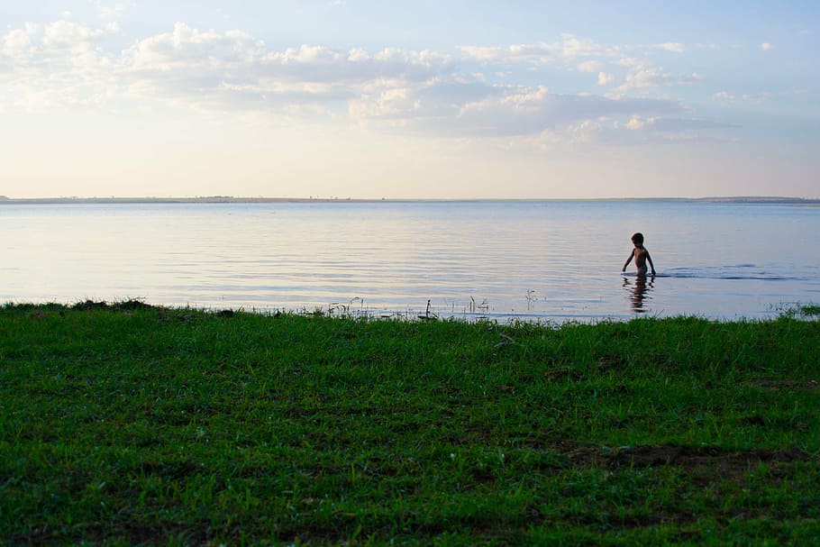 rio, grass, sky, boy, child, nature, water, landscape, people HD wallpaper