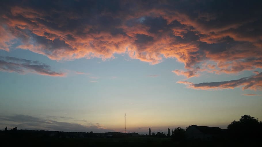 sky, clouds, west, sunset, evening, weather, nice weather, tree HD wallpaper
