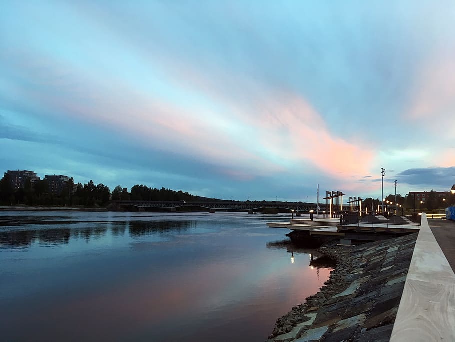 skellefteå, sunset, river, water, himmel, sweden, norrland, HD wallpaper