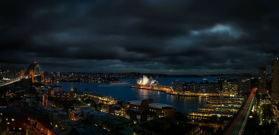Sydney Opera House, australia, panorama, night, evening, city, HD wallpaper