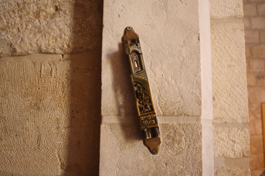 brown wooden decor, mezuzah, judaism, israel, jersualem, doorway