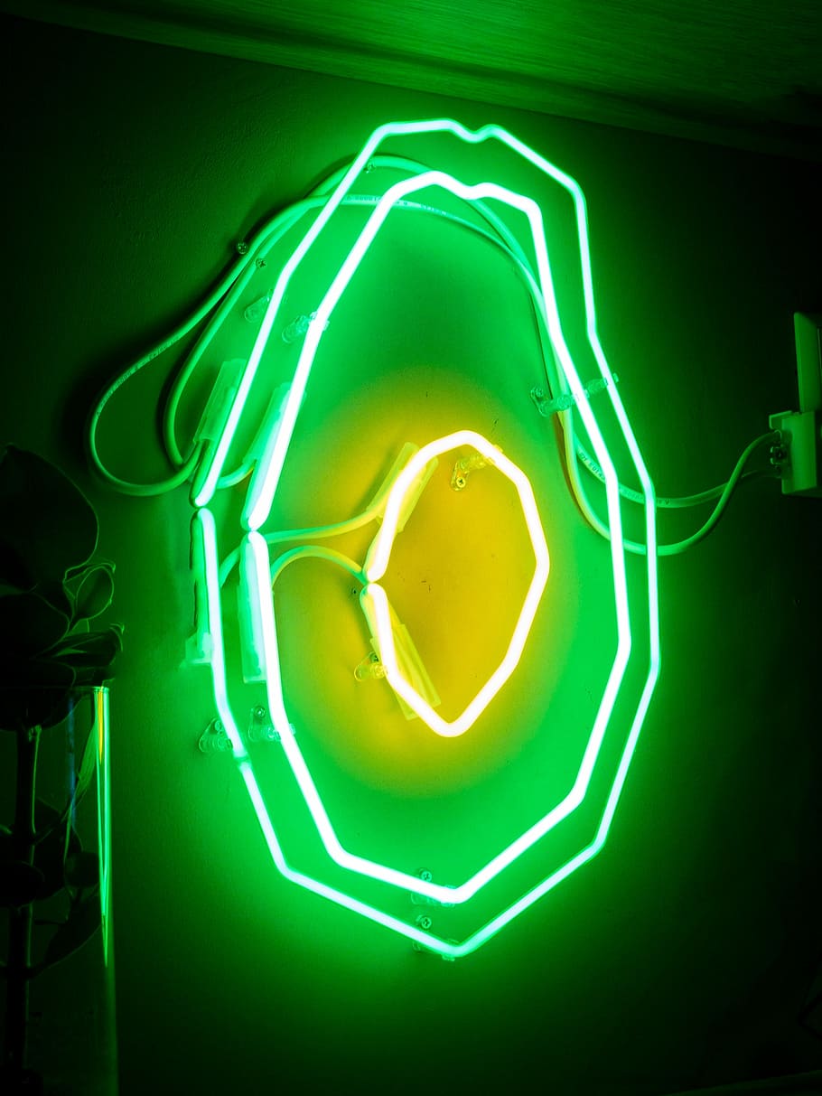 green neon light on wall, sign, avocado, bright, green color