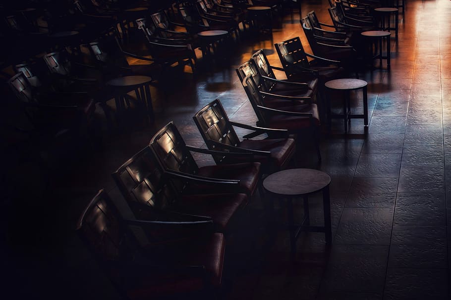 photography of chairs, brown wooden chairs, dark, room, tables HD wallpaper