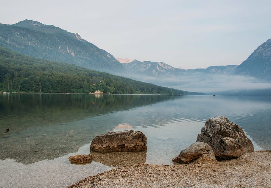landscape photography of river and mountain, lake, near, water HD wallpaper