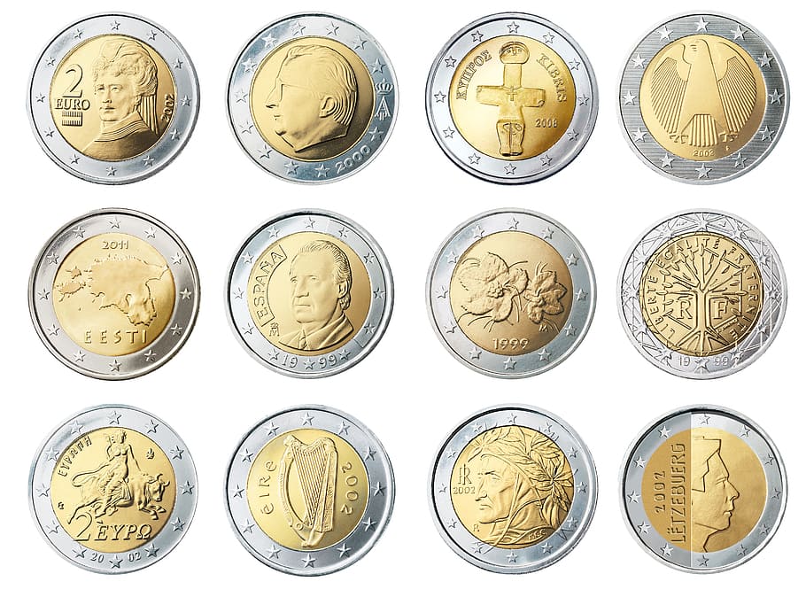 round silver-and-gold-colored coin collection, euro, 2, currency