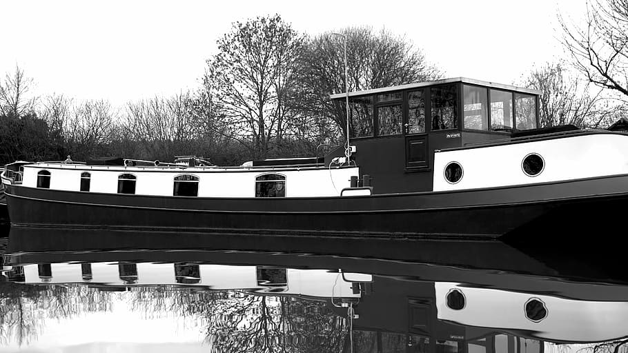 boat, water, vessel, reflection, black, white, transportation HD wallpaper