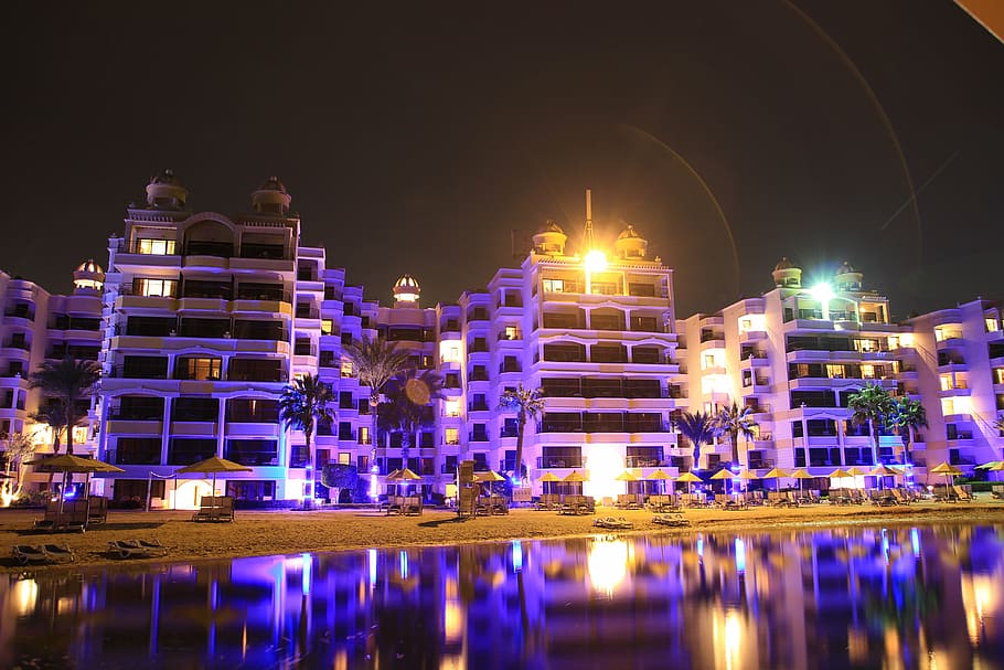 hotel, egypt, hurghada, red sea, hotel complex, beach, night, HD wallpaper