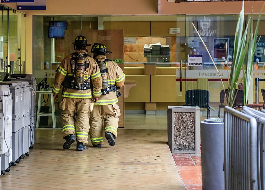 two fireman walking on hallway, tijuana, alarm, alert, emergency
