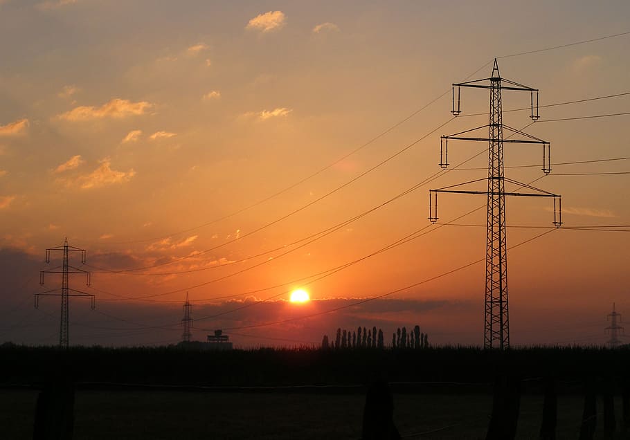 sunset, field, strommast, abendstimmung, nature, sky, mood HD wallpaper