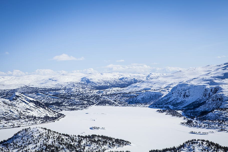 high-angle photography of snowfield and mountains, winter, white HD wallpaper