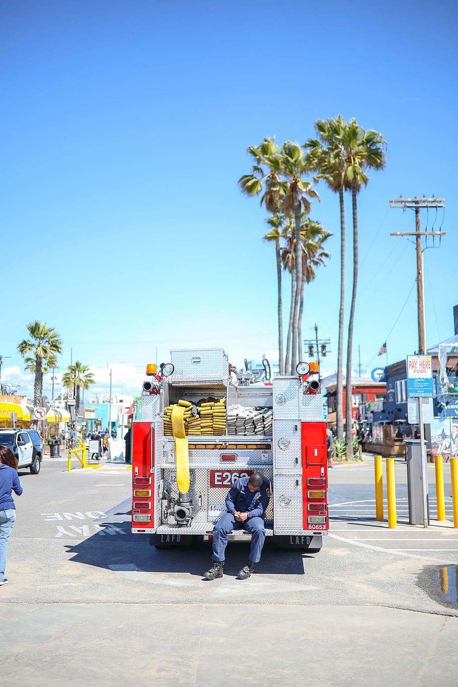 man sitting on fire truck, fire truck near palm trees, fire fighter
